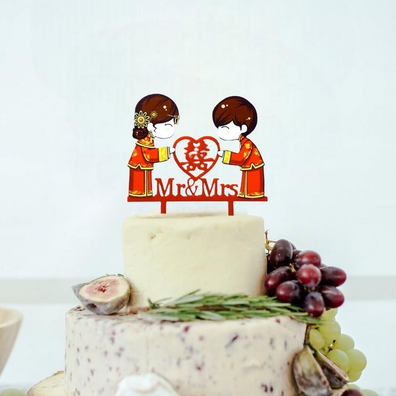 Chinese Bride Groom Double Happiness Mr & Mrs Cake Topper