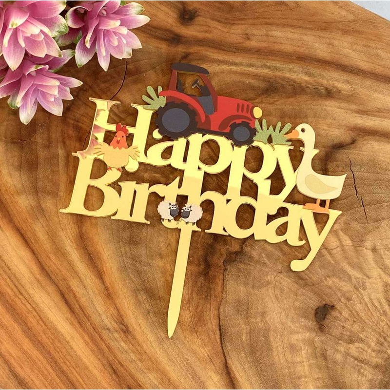 Gold Acrylic Happy Birthday Red Tractor Cake Topper