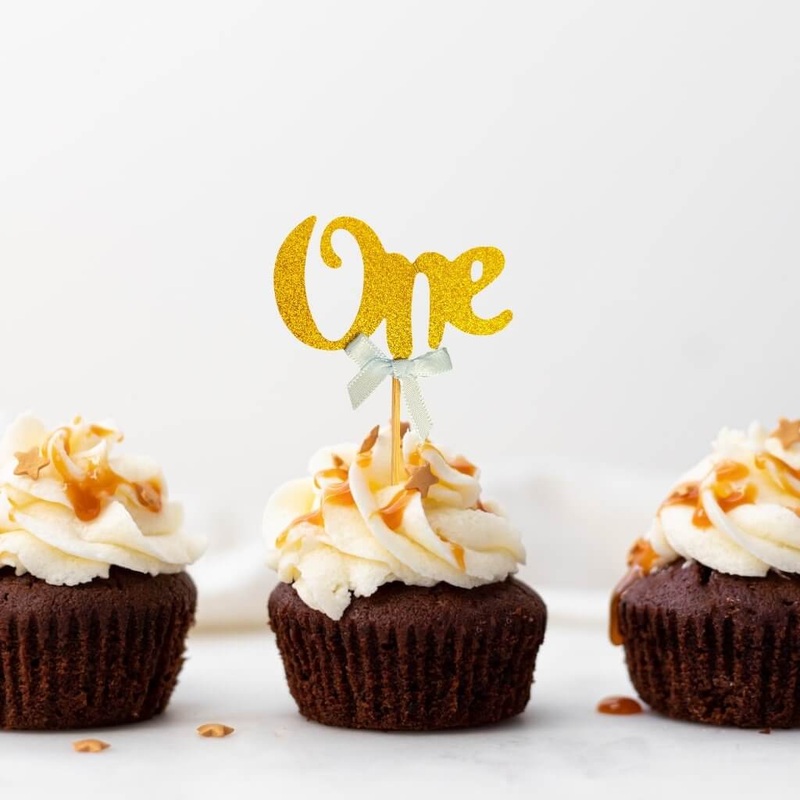 Gold Glitter Age One Blue Ribbon Cupcake Picks 6pk