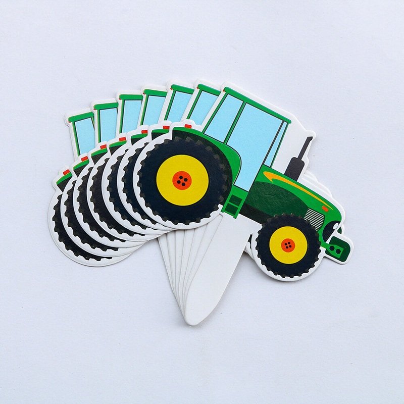 Green Yellow Tractor Paper Cupcake Toppers 7pk