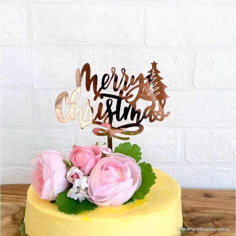 Rose Gold Acrylic Merry Christmas with Xmas Tree Cake Topper