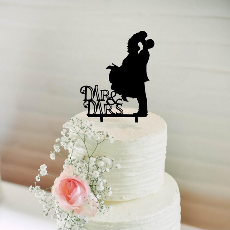 Silhouette Mr & Mrs Wedding Couple Kissing Cake Topper