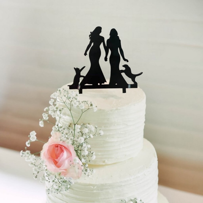 Silhouette Two Brides with Cat and Dog Cake Topper