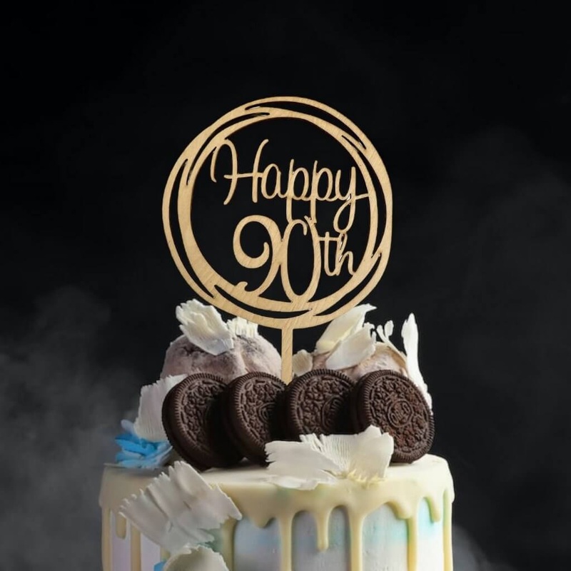Wooden Geometric 'Happy 90th' Cake Topper
