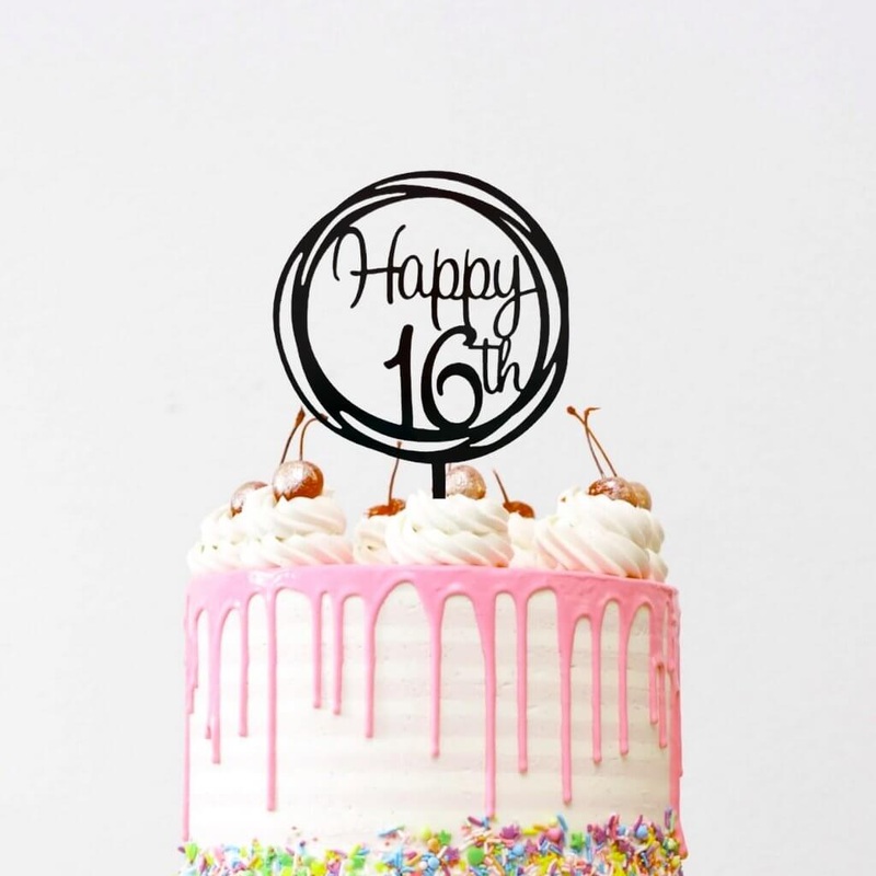 Acrylic Black Geometric 'Happy 16th' Cake Topper