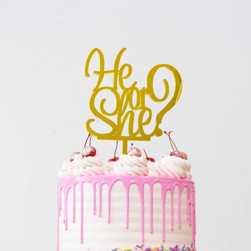 Gold Acrylic 'He or She?' Cake Topper
