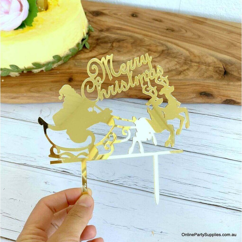 Gold Acrylic 'Merry Christmas' Santa on Sleigh Cake Topper