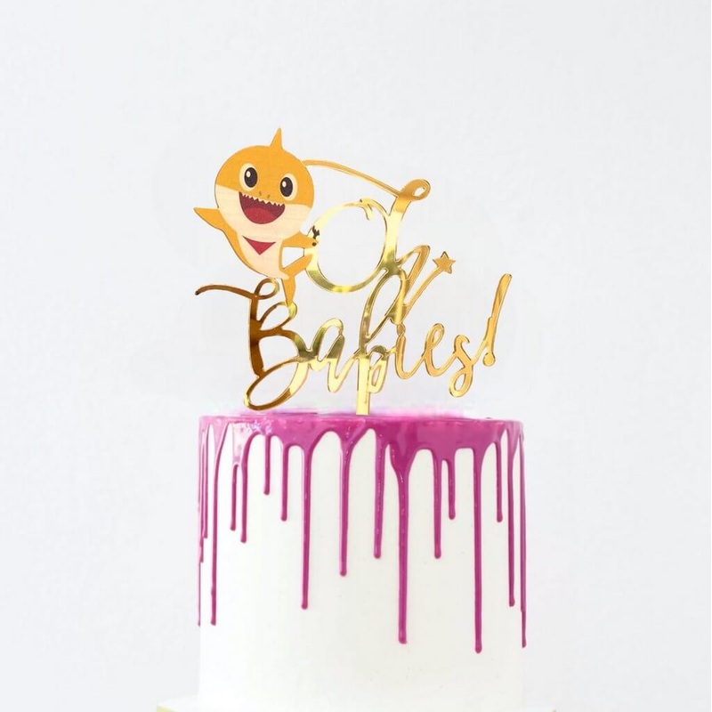 Gold Mirror Acrylic Oh Babies Baby Shark Cake Topper