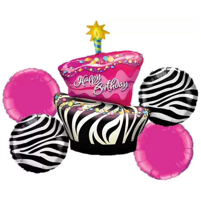 Happy Birthday Hot Pink Black Cake Balloon Bouquet , 5 Balloons - With Helium