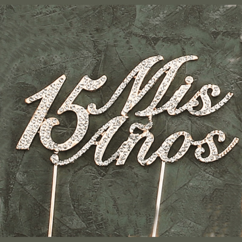 Mis XV Anos Rhinestone Gold Cake Topper 6.75W x 5H