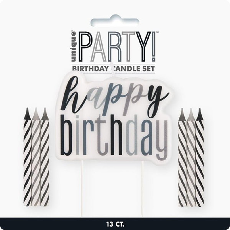12 Spiral Candles With  Happy Birthday Cake Decoration - Black
