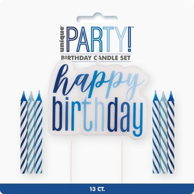 12 Spiral Candles With  Happy Birthday Cake Decoration - Blue