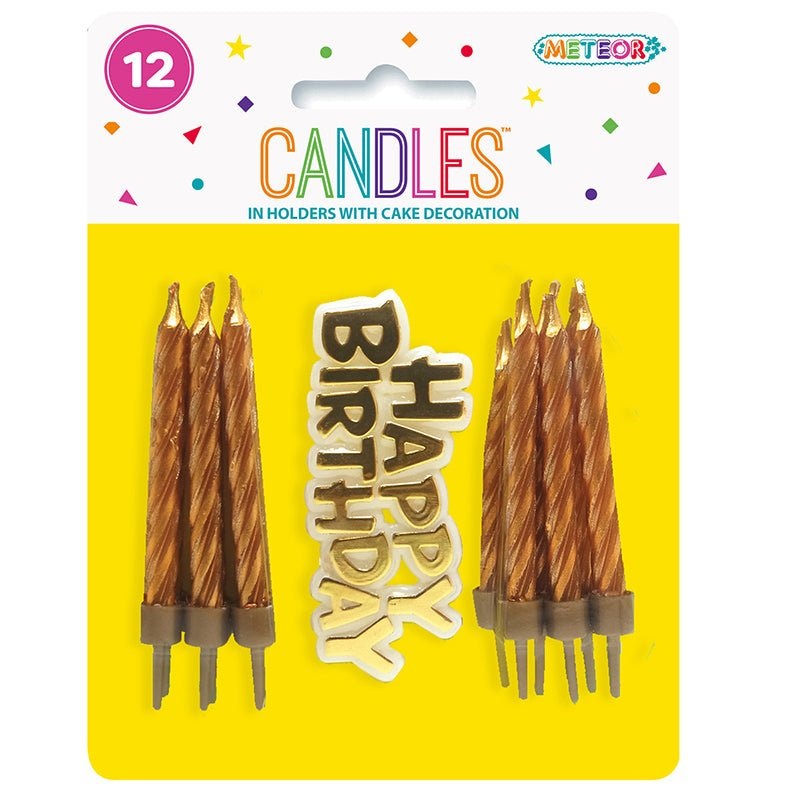 12pk Birthday Candles with Cake Decoration - Gold