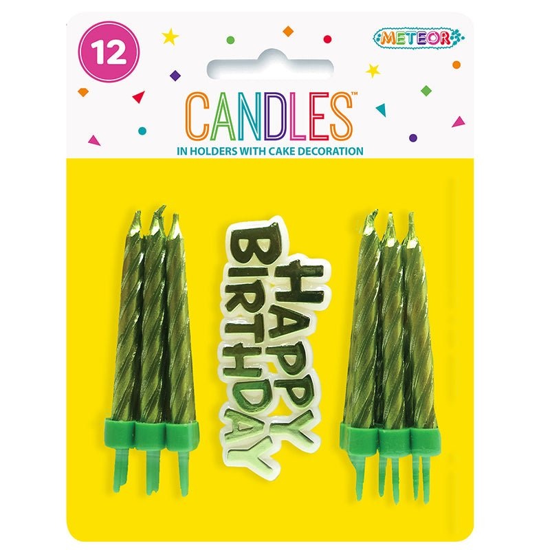 12pk Birthday Candles with Cake Decoration - Green