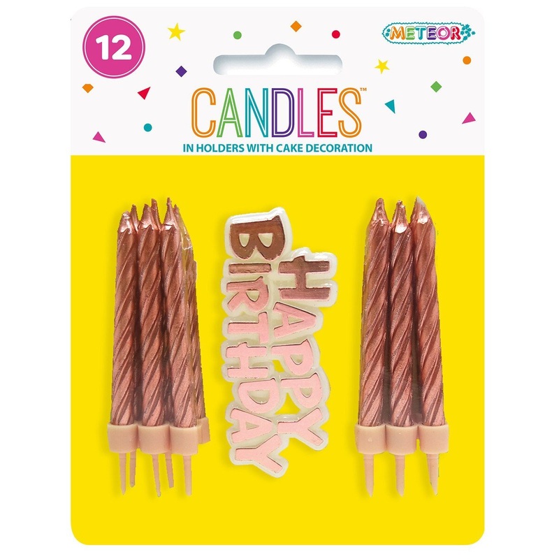 12pk Birthday Candles with Cake Decoration - Rose Gold