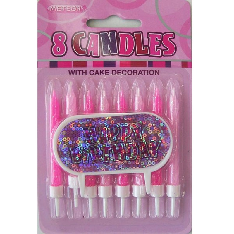 8pk Glitz Candle with Happy Birthday Cake Decoration - Pink