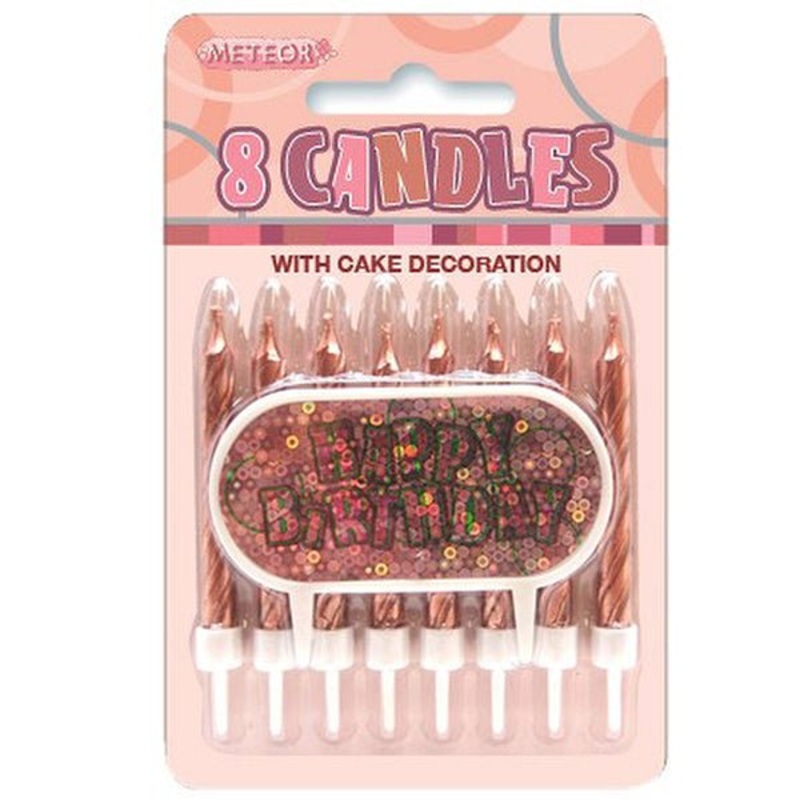 8pk Glitz Candle with Happy Birthday Cake Decoration - Rose Gold