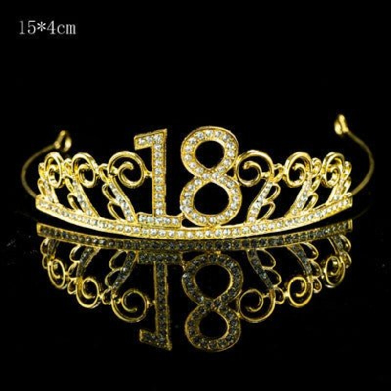 Premium 18th Birthday Metal Tiara with Diamond Cake Decoration - Gold