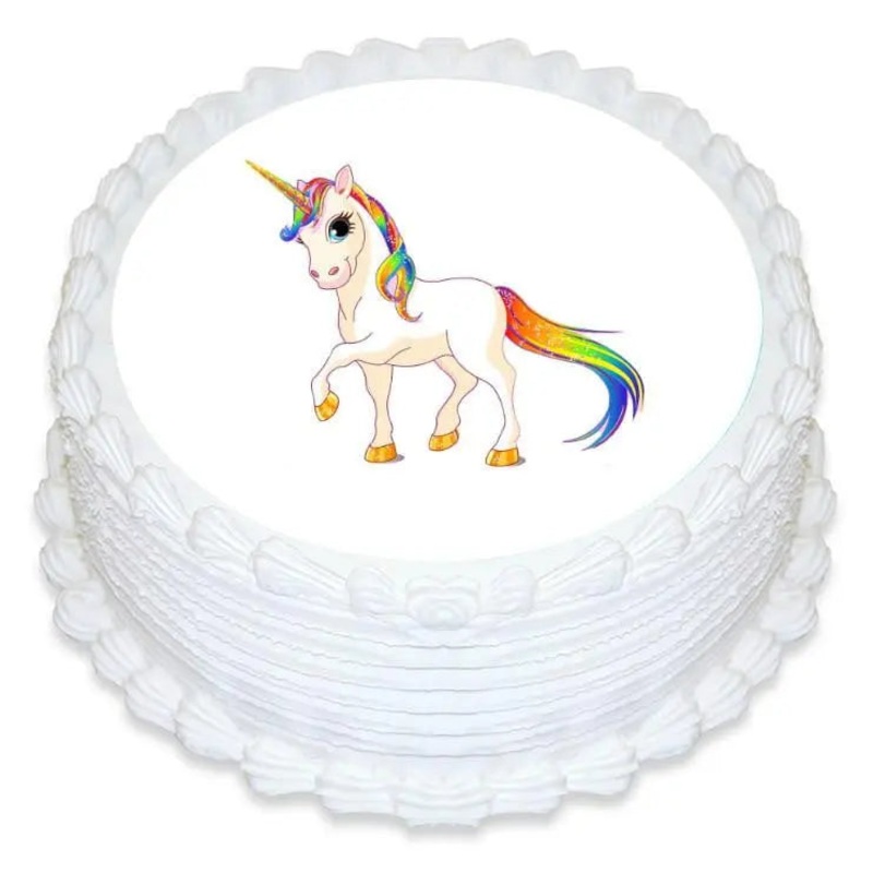 Rainbow Unicorn White Edible Cake Image