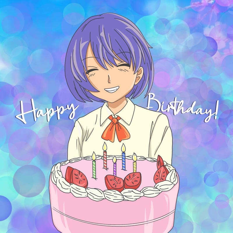 Blue Background Anime Cake Birthday Card