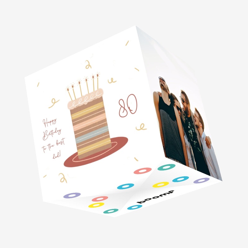 Happy 80th Birthday Cute Cake With Candles For Dad Confetti-exploding Greetings Card