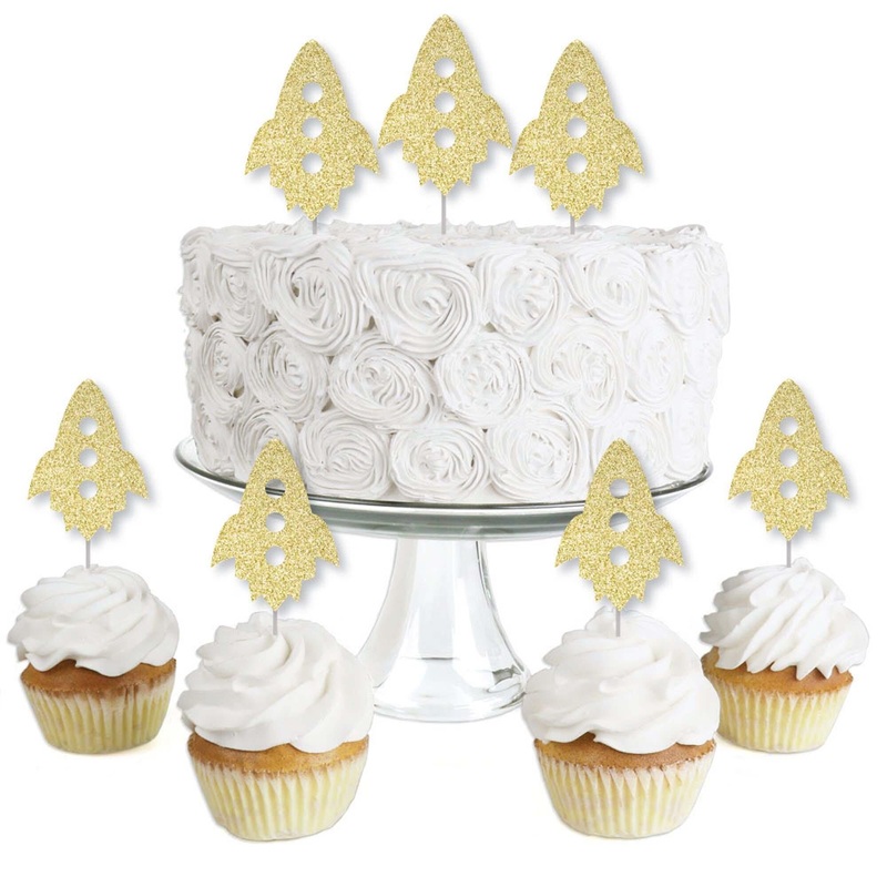 Gold Glitter Rocket Ship - No-Mess Real Gold Glitter Dessert Cupcake Toppers - Outer Space Baby Shower or Birthday Party Clear Treat Picks - Set of 24