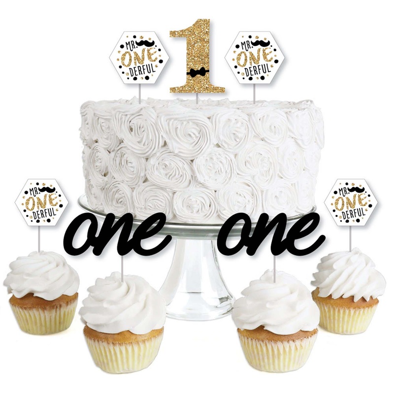 1st Birthday Little Mr. Onederful - Dessert Cupcake Toppers - Boy First Birthday Party Clear Treat Picks - Set of 24
