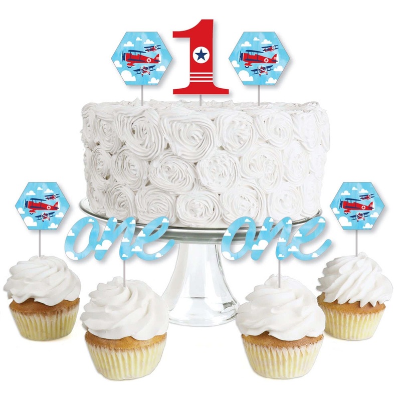 1st Birthday Taking Flight - Airplane - Dessert Cupcake Toppers - Vintage Plane First Birthday Party Clear Treat Picks - Set of 24