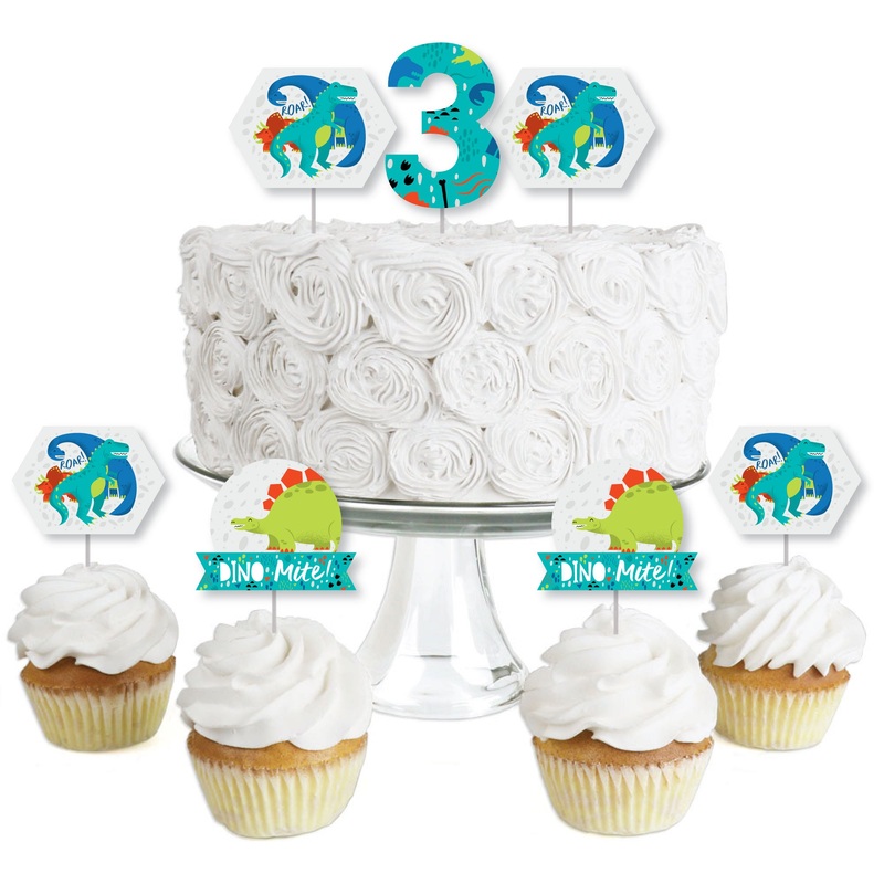 3rd Birthday Roar Dinosaur - Dessert Cupcake Toppers - Three Rex Dino Third Birthday Party Clear Treat Picks - Set of 24
