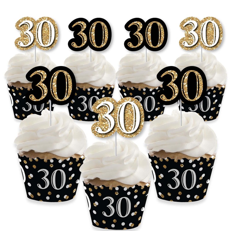 Adult 30th Birthday - Gold - Cupcake Decorations - Birthday Party Cupcake Wrappers and Treat Picks Kit - Set of 24
