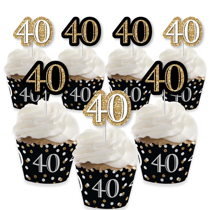 Adult 40th Birthday - Gold - Cupcake Decorations - Birthday Party Cupcake Wrappers and Treat Picks Kit - Set of 24