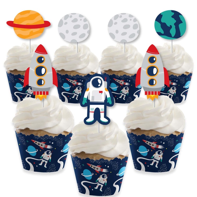 Blast Off to Outer Space - Cupcake Decoration - Rocket Ship Baby Shower or Birthday Party Cupcake Wrappers and Treat Picks Kit - Set of 24