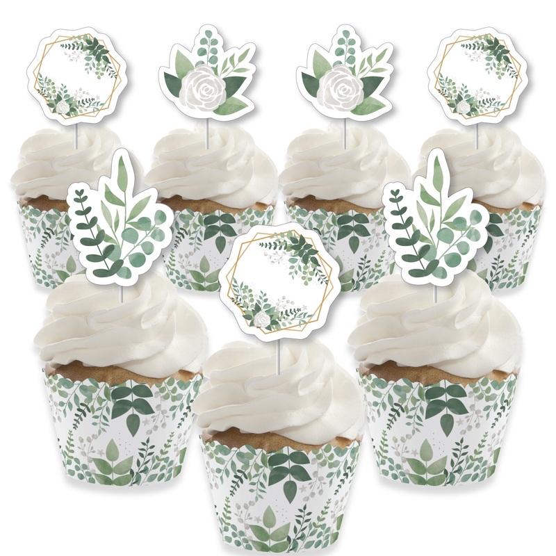 Boho Botanical - Cupcake Decoration - Greenery Party Cupcake Wrappers and Treat Picks Kit - Set of 24