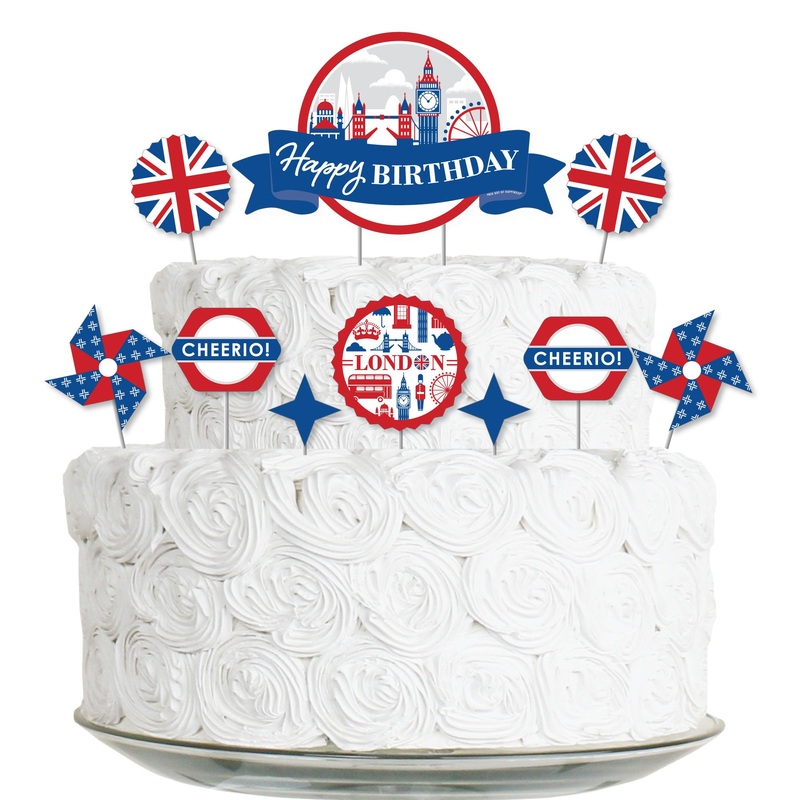 Cheerio, London - British UK Birthday Party Cake Decorating Kit - Happy Birthday Cake Topper Set - 11 Pieces