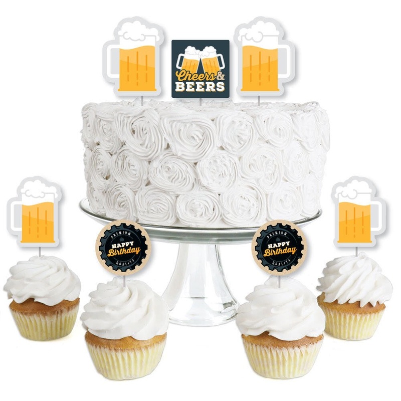 Cheers and Beers Happy Birthday - Dessert Cupcake Toppers - Clear Treat Picks - Set of 24