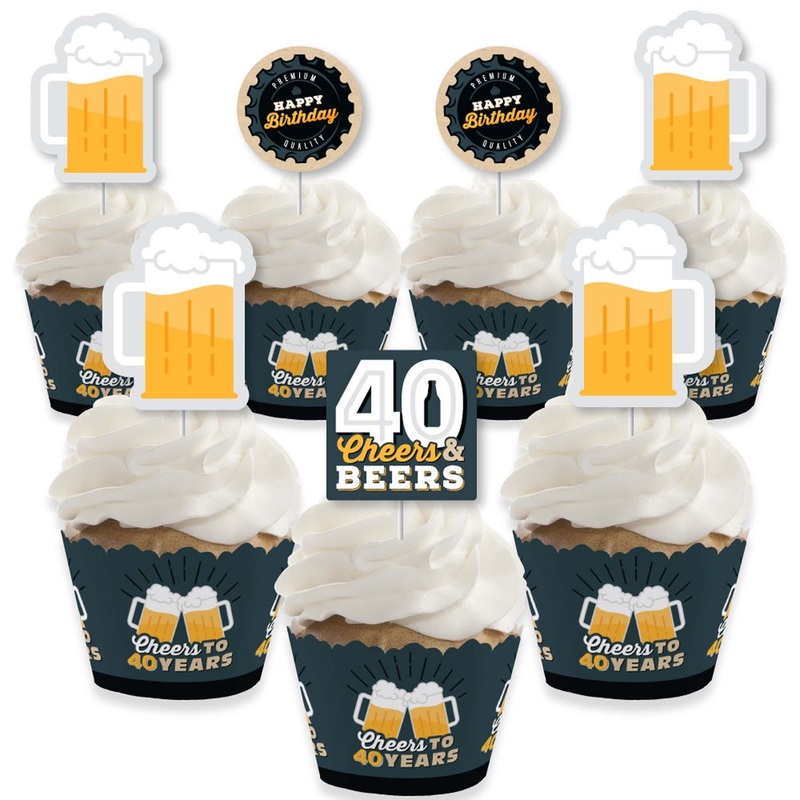 Cheers and Beers to 40 Years - Cupcake Decoration - 40th Birthday Party Cupcake Wrappers and Treat Picks Kit - Set of 24