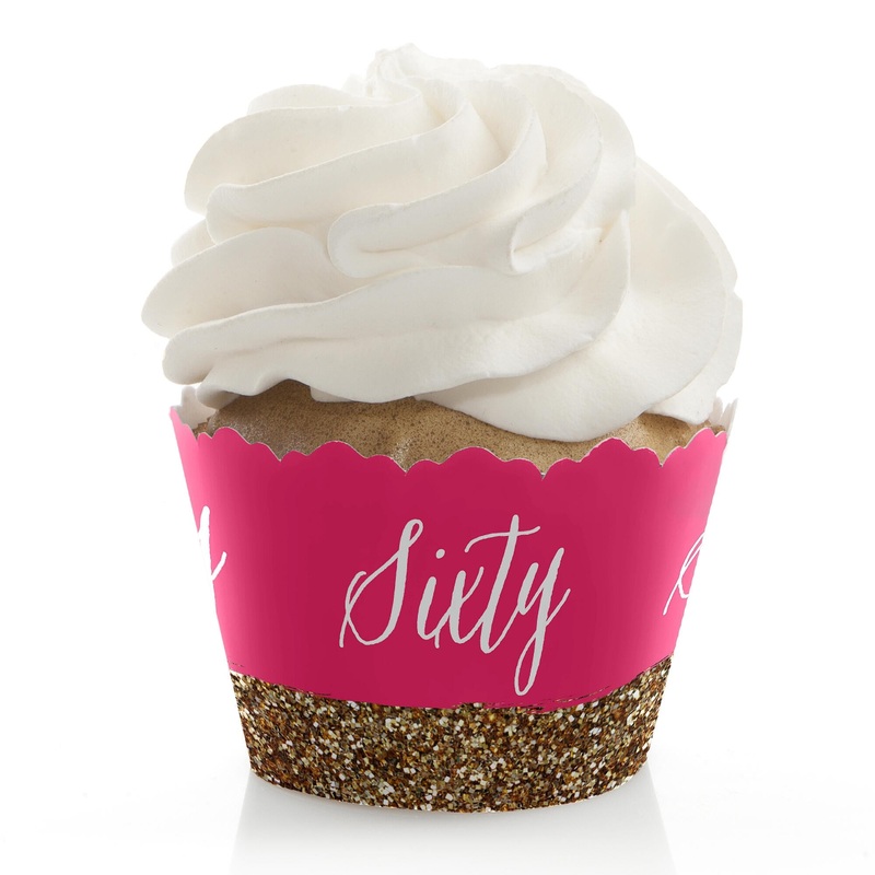 Chic 60th Birthday - Pink and Gold - Birthday Decorations - Party Cupcake Wrappers - Set of 12