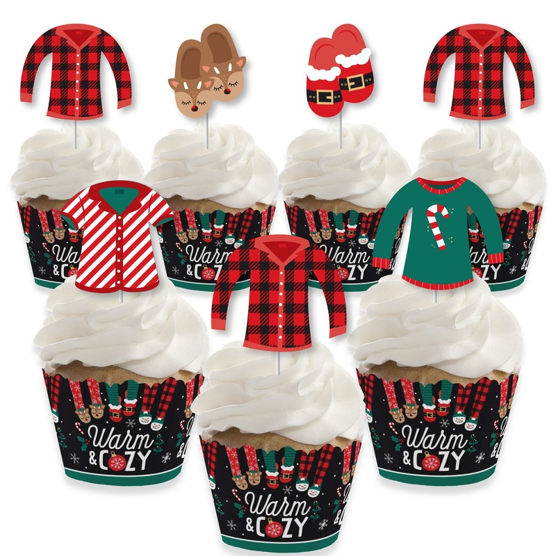 Christmas Pajamas - Cupcake Decoration - Holiday Plaid PJ Party Cupcake Wrappers and Treat Picks Kit - Set of 24