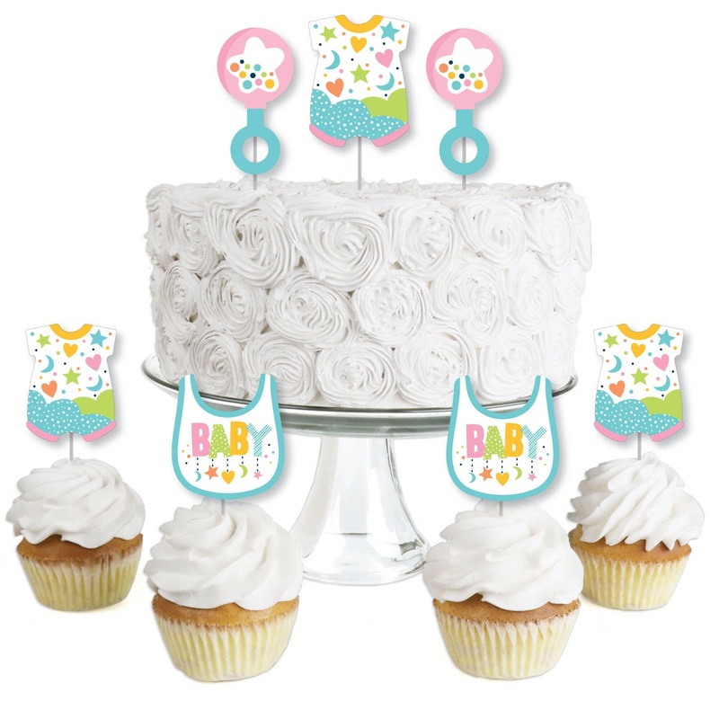 Colorful Baby Shower - Dessert Cupcake Toppers - Gender Neutral Party Clear Treat Picks - Set of 24