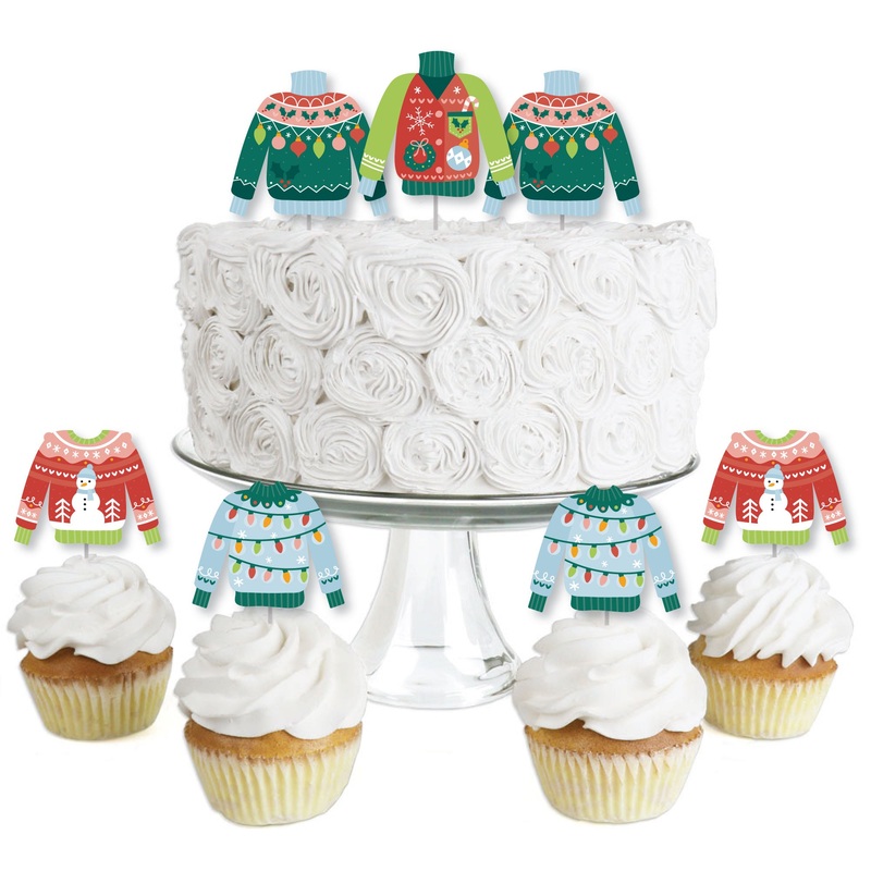 Colorful Christmas Sweaters - Dessert Cupcake Toppers - Ugly Sweater Holiday Party Clear Treat Picks - Set of 24