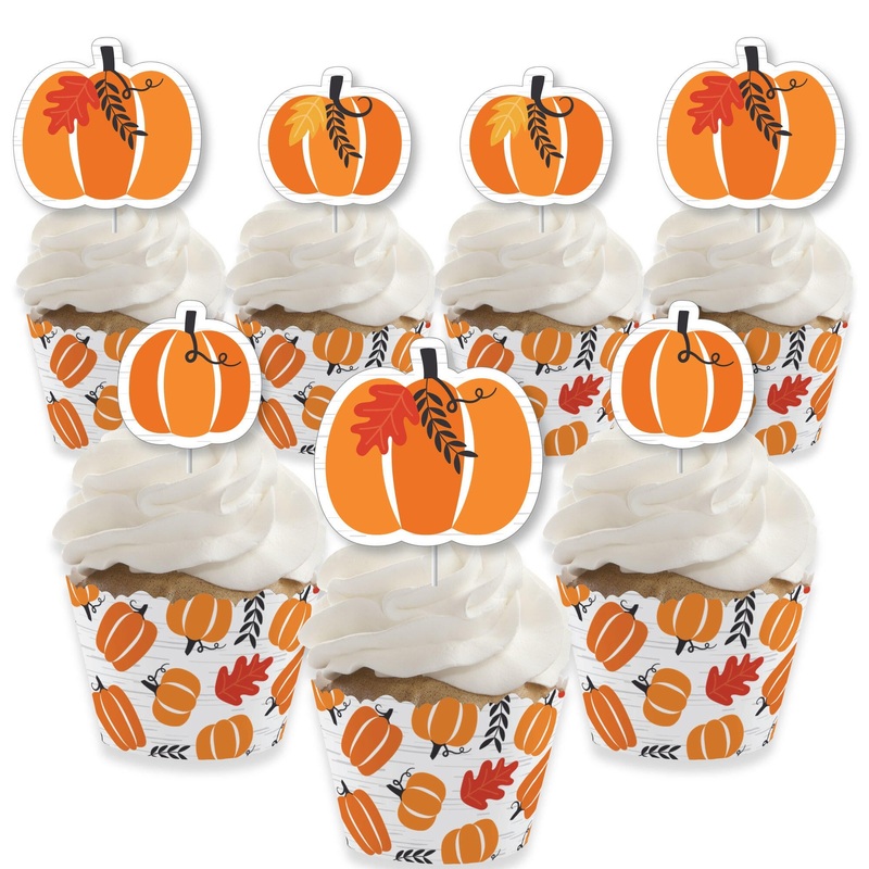 Fall Pumpkin - Cupcake Decoration - Halloween or Thanksgiving Party Cupcake Wrappers and Treat Picks Kit - Set of 24
