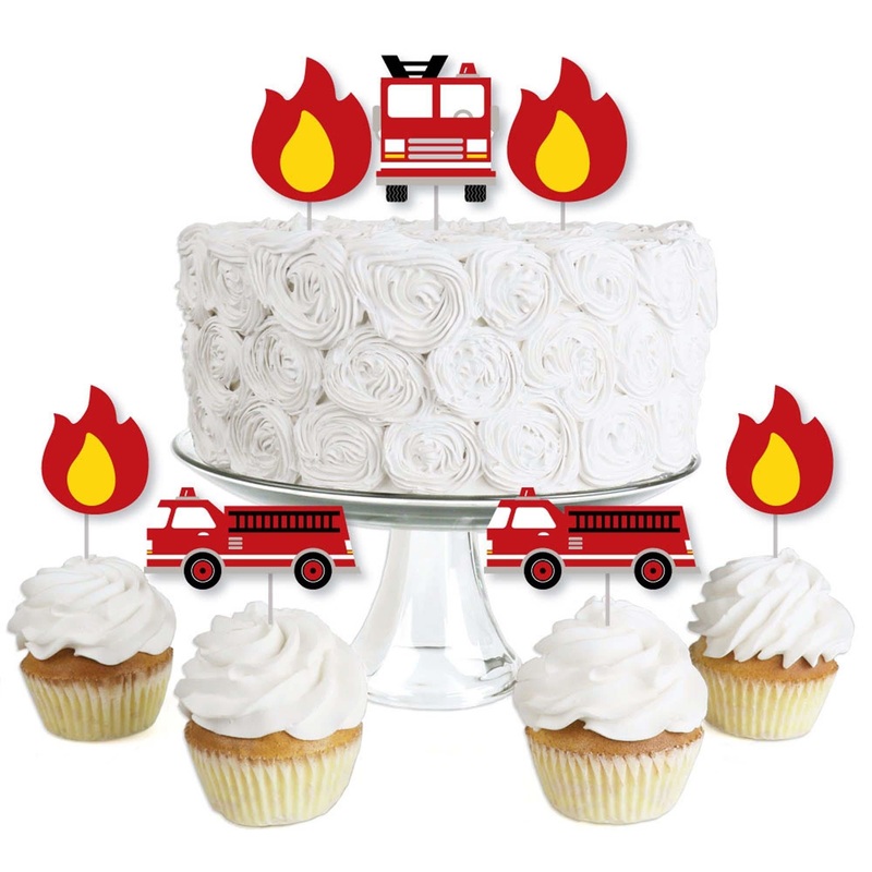 Fired Up Fire Truck - Dessert Cupcake Toppers - Firefighter Firetruck Baby Shower or Birthday Party Clear Treat Picks - Set of 24