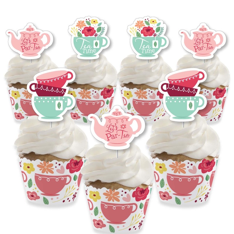 Floral Let's Par-Tea - Cupcake Decoration - Garden Tea Party Cupcake Wrappers and Treat Picks Kit - Set of 24
