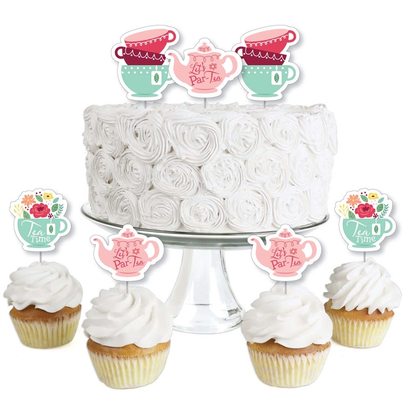 Floral Let's Par-Tea - Dessert Cupcake Toppers - Garden Tea Party Clear Treat Picks - Set of 24