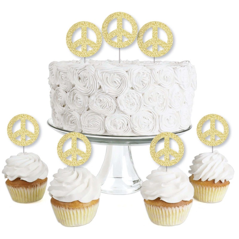 Gold Glitter Peace Sign - No-Mess Real Gold Glitter Dessert Cupcake Toppers - 60's Hippie Groovy Party Clear Treat Picks - Set of 24