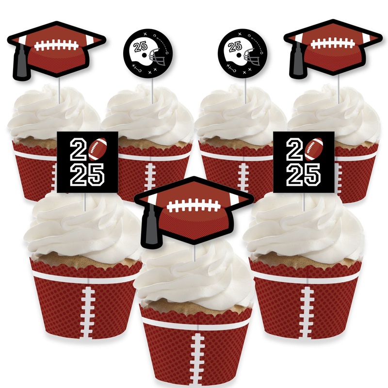 Grad Football - Cupcake Decoration - 2025 Graduation Party Cupcake Wrappers and Treat Picks Kit - Set of 24