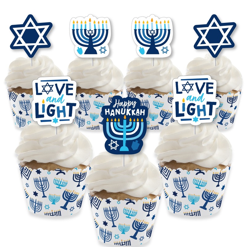 Hanukkah Menorah - Cupcake Decoration - Chanukah Holiday Party Cupcake Wrappers and Treat Picks Kit - Set of 24
