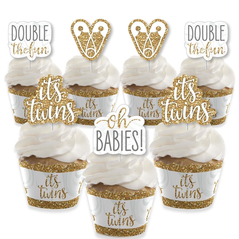 It's Twins - Cupcake Decoration - Gold Twins Baby Shower Cupcake Wrappers and Treat Picks Kit - Set of 24