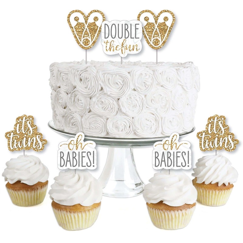 It's Twins - Dessert Cupcake Toppers - Gold Twins Baby Shower Clear Treat Picks - Set of 24
