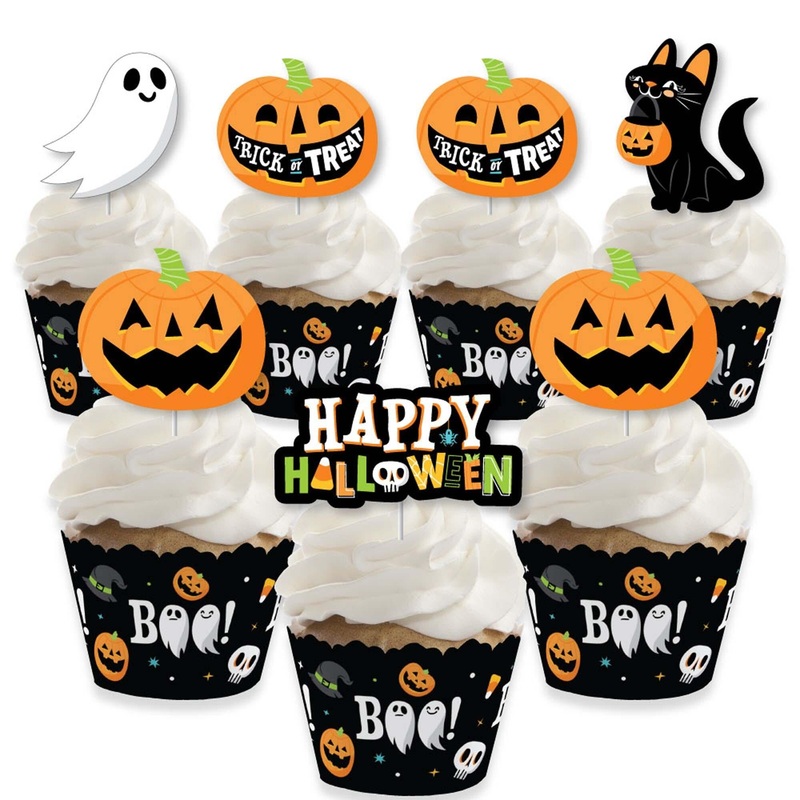 Jack-O'-Lantern Halloween - Cupcake Decorations - Kids Halloween Party Cupcake Wrappers and Treat Picks Kit - Set of 24